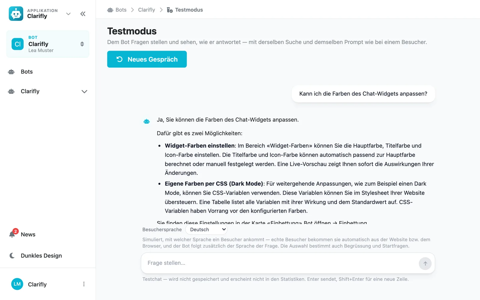 Testchat im Dashboard mit Antwort und Quellenangaben