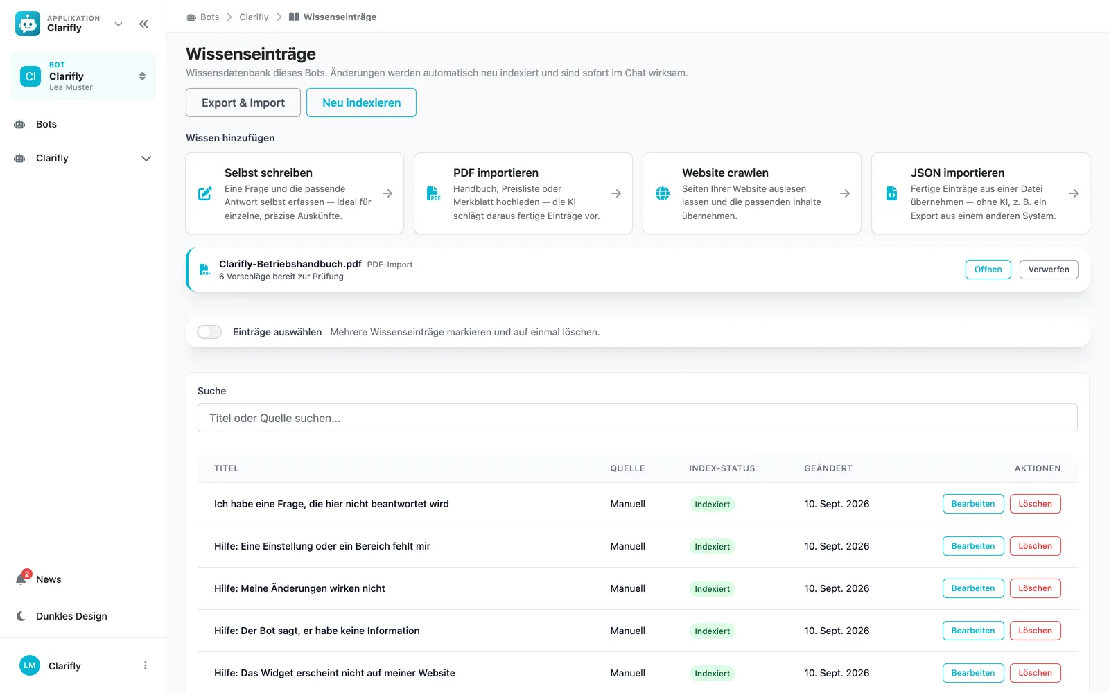 Wissensbasis im Dashboard mit Einträgen und Index-Status