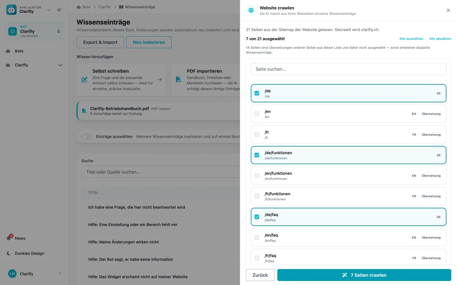 Page selection during a website import with language badges